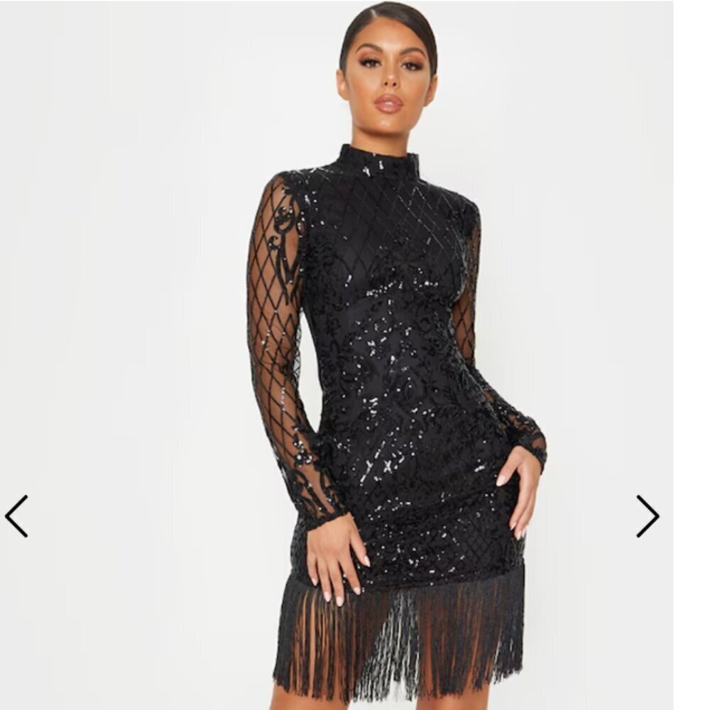 PrettyLittleThing Black Bodycon Long Sleeve Dress Sheer Sleeves Beaded